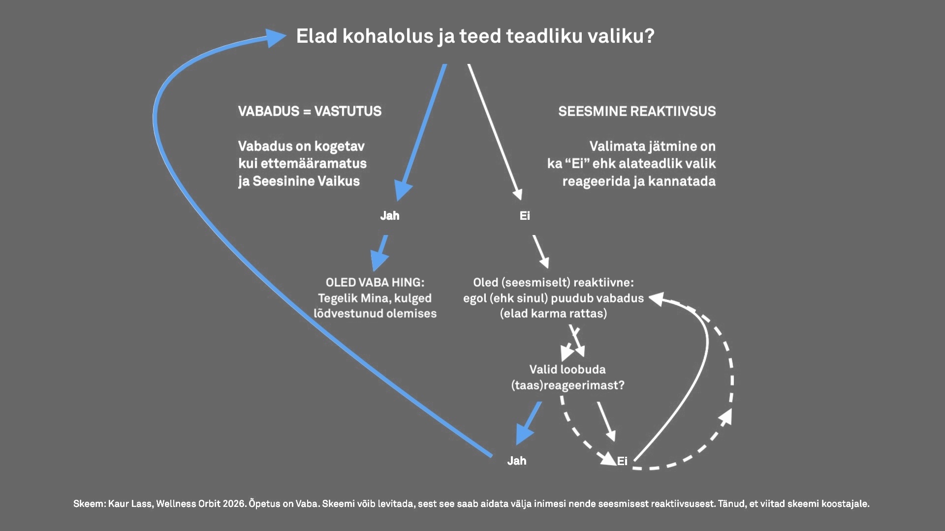 Reaktiivsuses jätkamine on ka valik. Alateadlik valik jätta valik tegemata. Teadlik valik sünnib kehas kohal olles, teadvustades ja tunnetades.